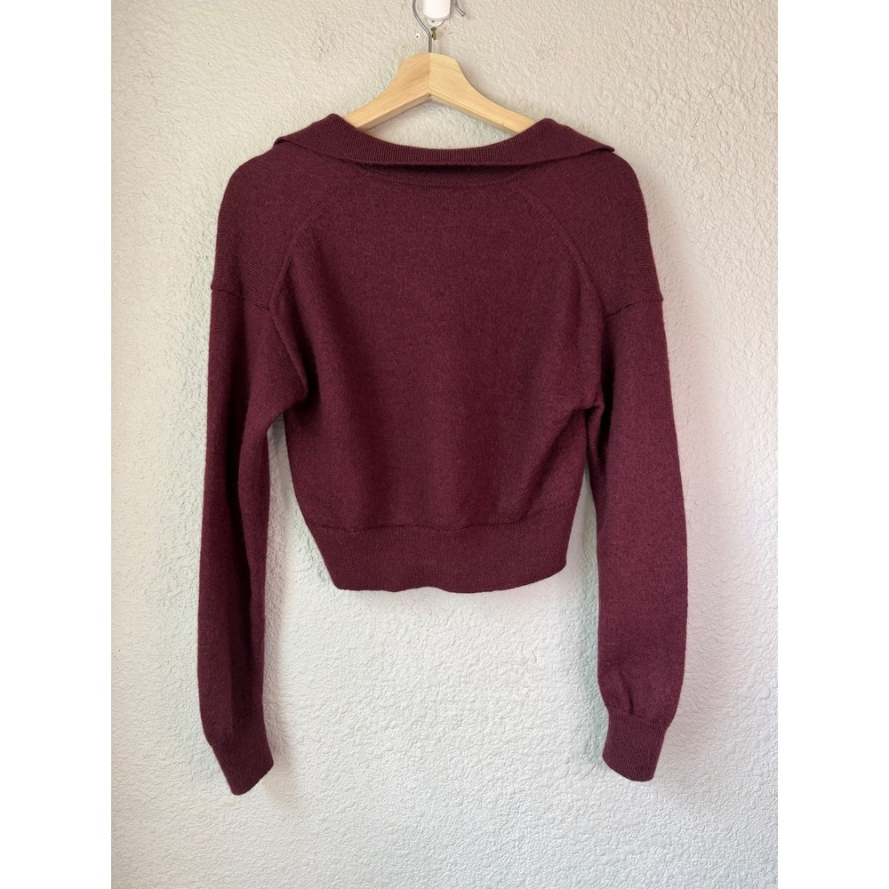 Wilfred Aritzia Burgundy 100% Merino Wool Cropped Polo V-Neck Sweater Small - Picture 3 of 5